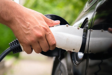 Mans hand inserting charger plug into electric car in green environment background. New energy vehicle, NEV is being loaded with electricity power. Ecology, modern day cars