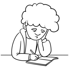 Hand-drawn vector illustration of a boy writing something and desperately laying his hand to his head. scribble, outline, comic, ink, sketch, doodle, vector, illustration, line, cartoon, black, white