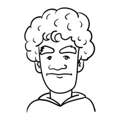 vector comic illustration of a boy funny boy, with curly head, who looks neutral in forward. scribble, outline, comic, ink, sketch, doodle, vector, illustration, line, cartoon, black, white, drawing.