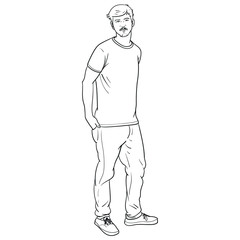 Hand-drawn vector illustration of a man who is standing cool and has hands in his pockets. scribble, outline, comic, ink, sketch, doodle, vector, illustration, line, cartoon, black, white, drawing.