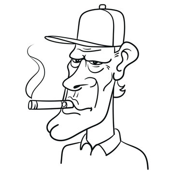 Hand drawn vector illustration of a baseball cap and cigar in mouth. funny, usa, portrait, scribble, outline, comic, ink, sketch, doodle, vector, illustration, line, cartoon, black, white, drawing.