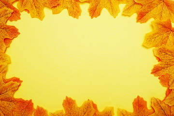 maple autumn leaf border over on yellow background