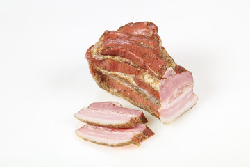 Smoked pork meat over white background