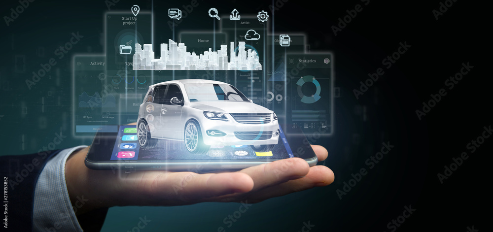 Aufkleber businessman holding dashboard smartcar interface with multimedia icon and city map on a background 3
