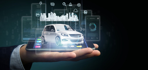 Businessman holding Dashboard smartcar interface with multimedia icon and city map on a background 3d rendering