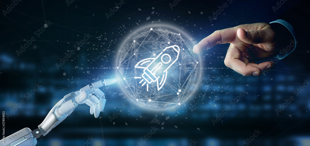 Poster cyborg hand holding a start up rocket on a sphere 3d rendering