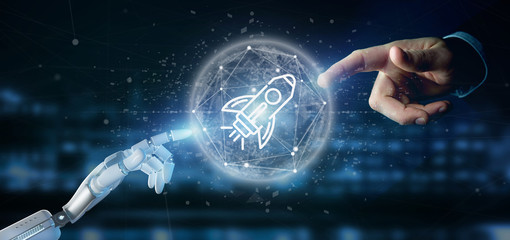Cyborg hand holding a  start up rocket on a sphere 3d rendering