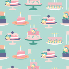 Colorful pastel cakes in a seamless pattern design