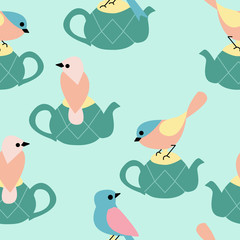 Cute birds and tea pots in a seamless pattern design