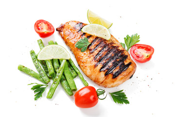 Grilled chicken breast with lemon and green beans . isolated on white background