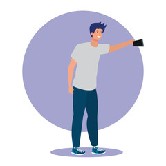 boy with casual clothes and smartphone selfie