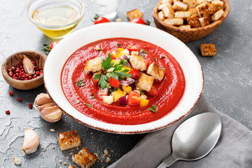 Tasty  summer tomato soup puree gazpacho with tomatoes and cucumbers.