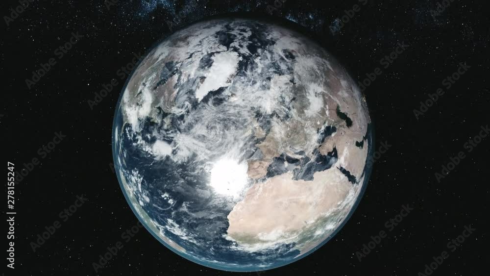 Wall mural motion graph planet earth model with illuminated mainlands on orbits around sun against milky way in