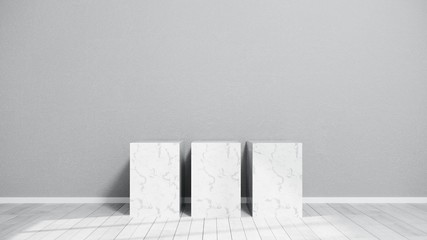 Marble podium, stand in interior for advertising goods, shoes, bags. Simple and stylish mock up for the presentation of products - the trend. Abstract bright composition - 3D render, illustration.