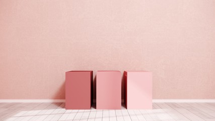 Pink pastel podium, stand in interior for advertising goods, shoes, bags. Simple and stylish mock up for the presentation of products - the trend.Abstract bright composition - 3D render, illustration.