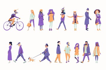 A crowd of people dressed in autumn clothes or outerwear are standing, walking, walking with a child and riding a bicycle, walking with animals. Flat character