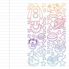 Vector set of space elements icons in doodle style. Painted, colorful, pictures on a piece of paper on white background. Drawing on exercise notebook in colorful gradient style.