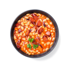 Stewed white beans with smoked sausage and tomato sauce. Bean soup. isolated on white background 