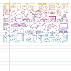 Vector set of Back to School icons in doodle style. Painted, colorful, pictures on a piece of paper on white background. Drawing on exercise notebook in colorful gradient style.