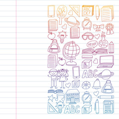 Vector set of Back to School icons in doodle style. Painted, colorful, pictures on a piece of paper on white background. Drawing on exercise notebook in colorful gradient style.