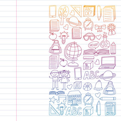 Obraz premium Vector set of Back to School icons in doodle style. Painted, colorful, pictures on a piece of paper on white background. Drawing on exercise notebook in colorful gradient style.