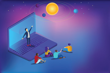 Online astronomy lesson isometric vector concept. Remote teacher tells students about earth and space illustration. Remote teach and studying, explain about earth © Elena Clair