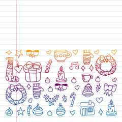 Vector set of Christmas, holiday winter days 2019, 2020, vector illustration. New Year's pattern, children's drawings with a teacher icons in doodle style. Painted, colorful, pictures on a piece of