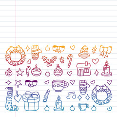 Vector set of Christmas, holiday winter days 2019, 2020, vector illustration. New Year's pattern, children's drawings with a teacher icons in doodle style. Painted, colorful, pictures on a piece of