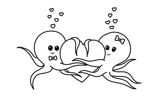 Two Octopus hug with heart to be happy love, vector illustration