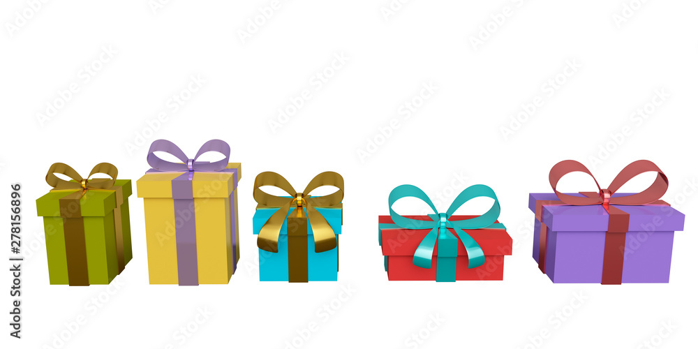Poster set of colored gift boxes with ribbon and bow. 3d rendering