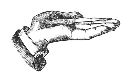 Businessman Left Hand Make Gesture Vintage Vector. Man Show Pointing Gesture Opened Palm Like Holding Cookie. Demonstrate Or Pleased Gesturing Signal Designed in Retro Style Illustration © PikePicture