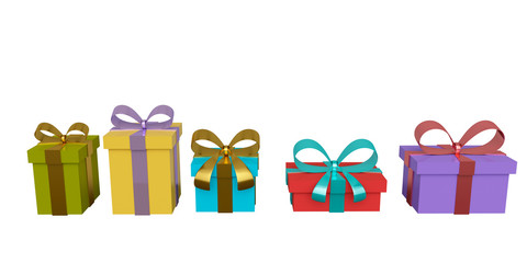 Set of colored gift boxes with ribbon and bow. 3d rendering