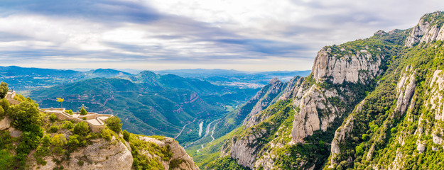 Panoramic view to valley from Montserrat Mountains in Spain - obrazy, fototapety, plakaty