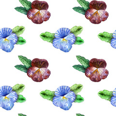 Watercolor wildflowers. Seamless pattern with blue and violet pansies