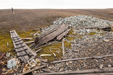 Reste einer früheren Walfangstation mit Holzteilen und Knochen von Belugawalen,...