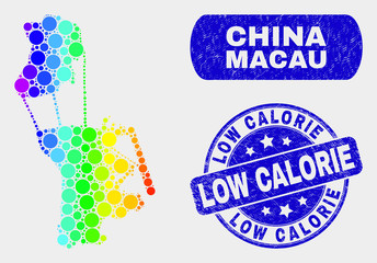 Rainbow colored spotted Macau map and rubber prints. Blue round Low Calorie grunge stamp. Gradiented rainbow colored Macau map mosaic of random circle dots. Low Calorie imprint with rubber texture.