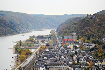 View from hills to Oberwesel town in the Rhein valley, Germany