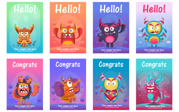 cute monster greeting cards set