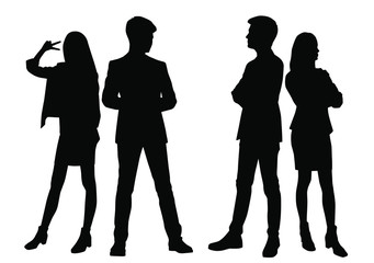 Vector silhouettes of  men and a women, a group of standing business people, black color isolated on white background