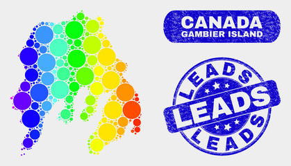Rainbow colored spotted Gambier Island map and stamps. Blue rounded Leads distress seal stamp. Gradient rainbow colored Gambier Island map mosaic of randomized round elements.