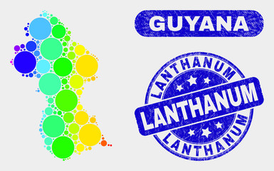 Spectrum dotted Guyana map and seal stamps. Blue round Lanthanum scratched seal stamp. Gradiented spectrum Guyana map mosaic of randomized small spheres. Lanthanum stamp with grunge surface.