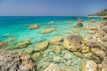Fototapeta na wymiar Kavalikefta Beach, Lefkada Island, Greece. Beautiful turquoise water of Kavalikefta Beach on the island of Lefkada in Greece 