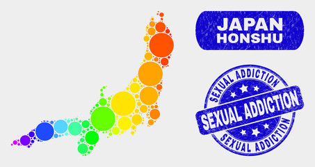 Spectral dot Honshu Island map and seal stamps. Blue rounded Sexual Addiction scratched seal. Gradient spectral Honshu Island map mosaic of randomized round dots.