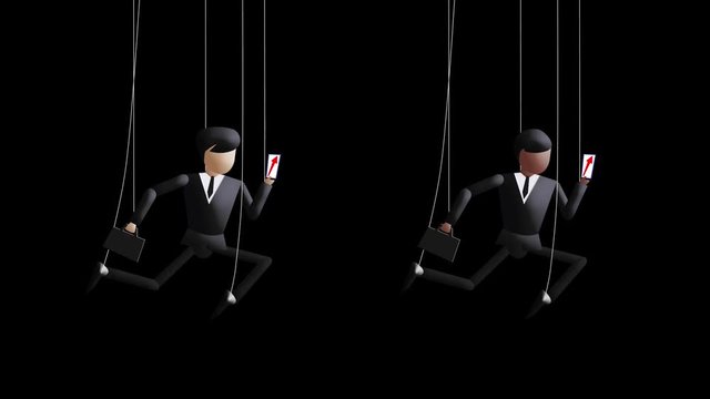 Puppeteer. Marionette businessmen on strings in a hurry. Running puppets with smartphone and briefcase against a black background. layered 2D cycle animation against alpha channel