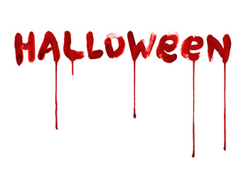 Red bloody Halloween lettering. Paint dripping watercolor illustration. © Sunny March