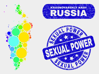 Spectrum dot Krasnoyarskiy Kray map and seals. Blue rounded Sexual Power distress stamp. Gradient spectral Krasnoyarskiy Kray map mosaic of randomized small circles.