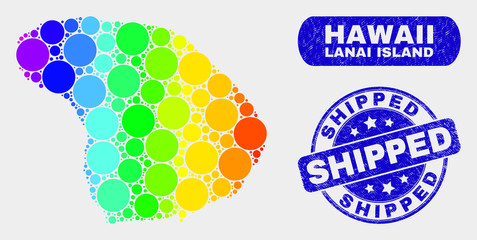 Spectral spotted Lanai Island map and seal stamps. Blue rounded Shipped grunge watermark. Gradiented spectrum Lanai Island map mosaic of random spheric dots. Shipped seal with grunge surface.