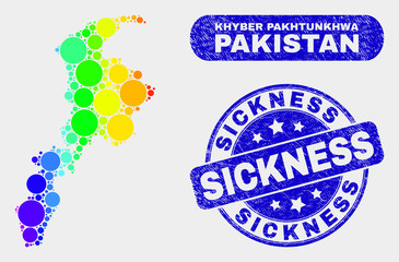 Spectrum dot Khyber Pakhtunkhwa Province map and seal stamps. Blue rounded Sickness scratched seal stamp. Gradient spectral Khyber Pakhtunkhwa Province map mosaic of random small spheres.