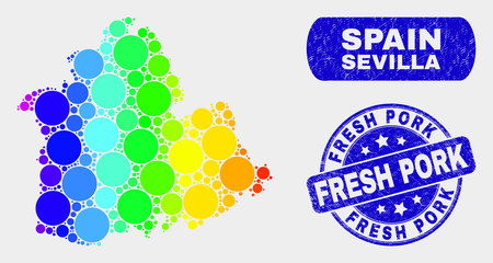 Spectral dotted Sevilla Province map and stamps. Blue round Fresh Pork scratched seal. Gradiented spectral Sevilla Province map mosaic of randomized round elements.