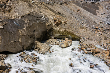 Caucasus Mountains on the border of Russia and Georgia. Chalaat Pass and Very beautiful view of the Chalaadi Glacier, Mount Ushba and Mestiachala river with background of clear blue sky.